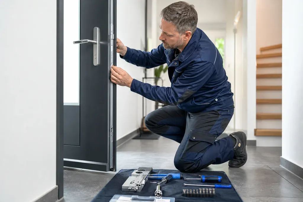 Schlüsseldienst-Fachmann montiert Schloss an Wohnungstür – fachgerechter Service in Velbert